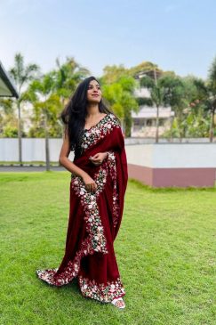 Marron Color Designer Partywear Saree