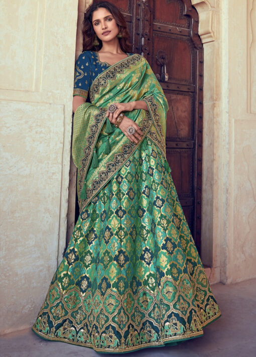 Green Woven Silk Embroidered Bridal Lehenga Choli