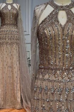 Alternative view of Cape Sleeve Halter Heavily Beaded Evening Dress