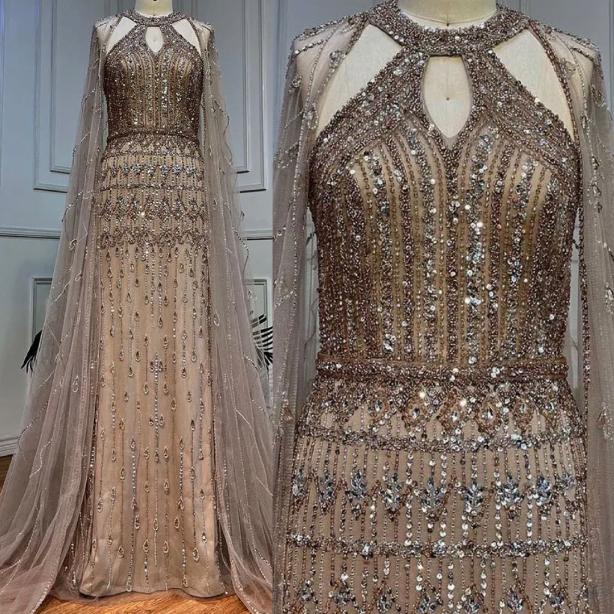 Cape Sleeve Halter Heavily Beaded Evening Dress - Evening Dresses, Made ...
