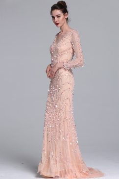 Alternative view of Sheer Light Pink Sequin Luxury Long Evening Gown