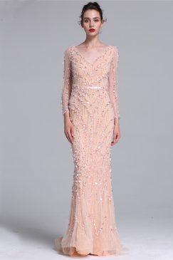 Sheer Light Pink Sequin Luxury Long Evening Gown