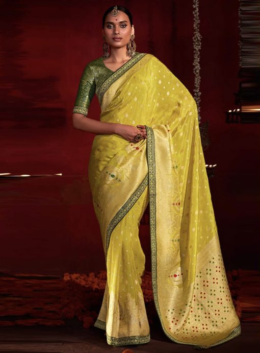 Yellow Banarasi Silk Embroidered Wedding Saree