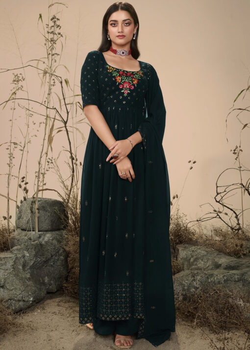 Dark Olive Anarkali Style Embroidered Palazzo Suit