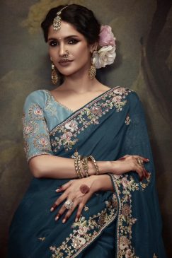 Alternative view of Teal Embroidered Wedding Saree