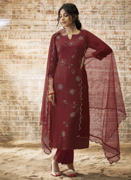 Maroon Heavy Georgette Handwork Salwar Suit