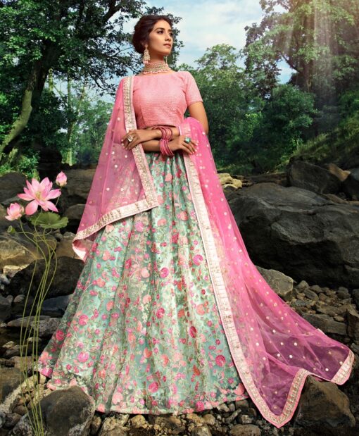 Pista Green Soft Net Embroidered Lehenga Choli