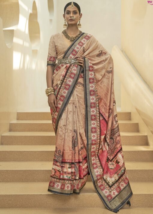 Cream Beige Brasso Silk Designer Saree