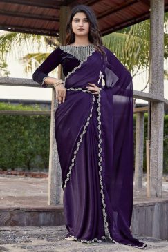 Purple Satin Silk Chiffon Party Wear Saree