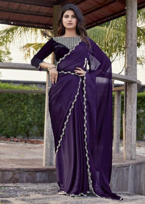Purple Satin Silk Chiffon Party Wear Saree