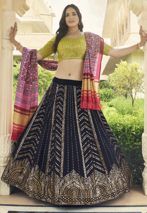 Navy & Fluorescent Green Georgette Lehenga Choli