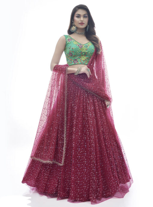 Cherry Red Net Sangeet Lehenga Choli