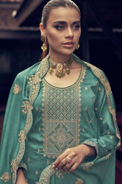Alternative view of Turquoise Embroidered Textured Silk Palazzo Suit