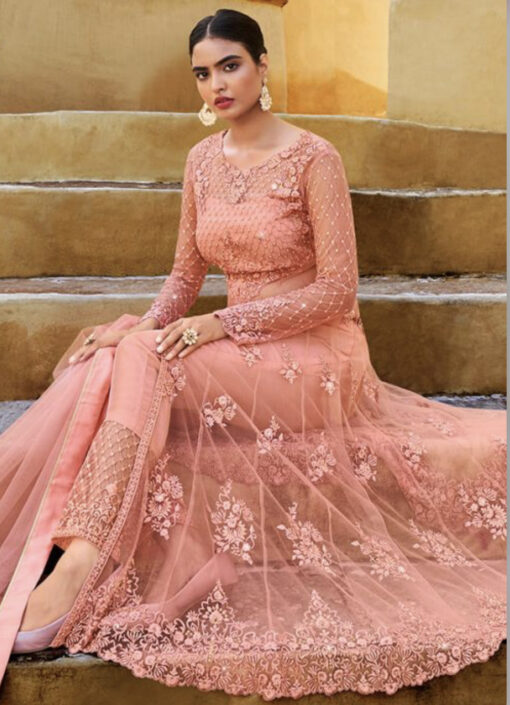 Peach Net Embroidered Front Slit Anarkali Suit