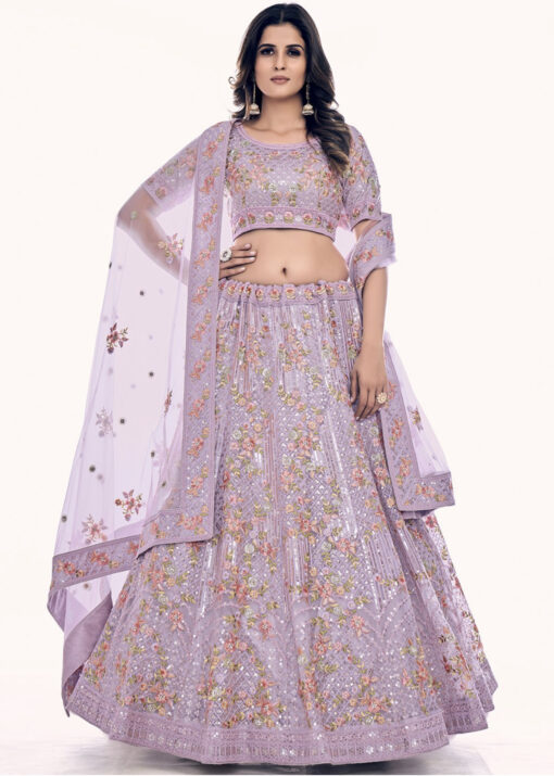 Lilac Embroidered Net Bridal Lehenga Choli