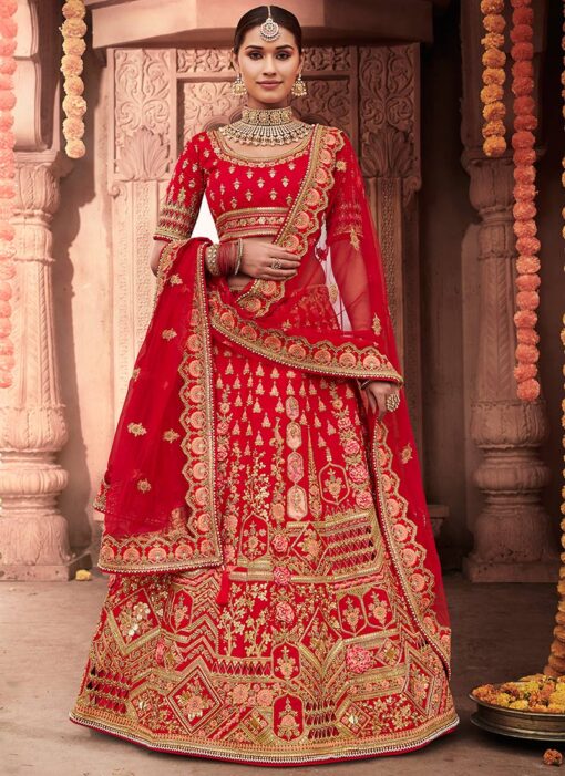 Red Art Silk Embroidered Bridal Lehenga Choli