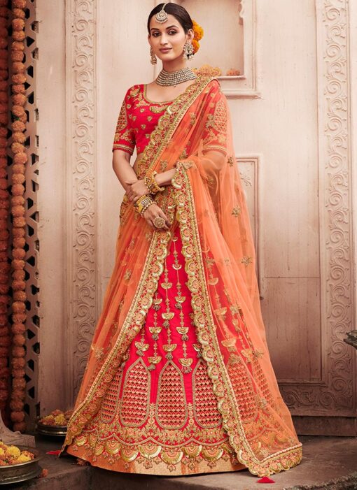 Red And Orange Art Silk Embroidered Bridal Lehenga Choli