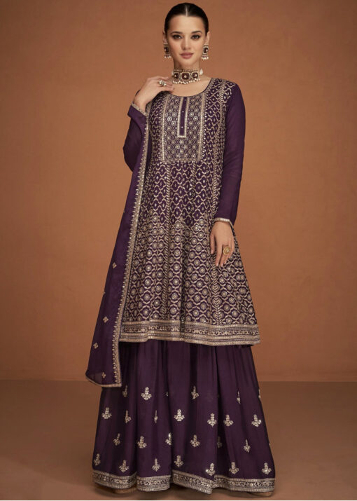 Purple Embroidered Gharara Style Suit