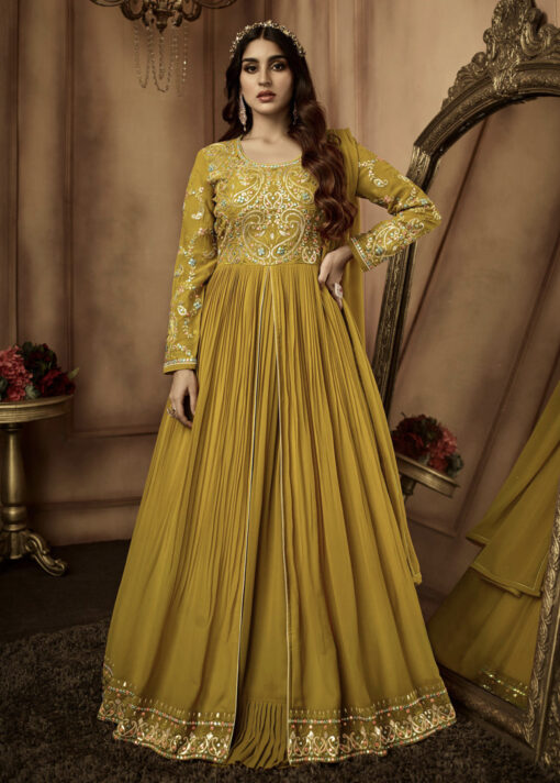 Mustard Front Slit Lehenga Style Anarkali Suit