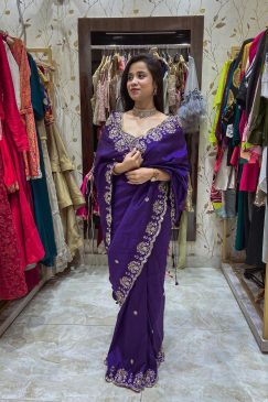 Blue Color Two Tone Vichitra Silk Fabric Saree