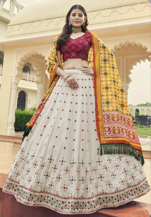 White & Deep Pink Georgette Lehenga Choli