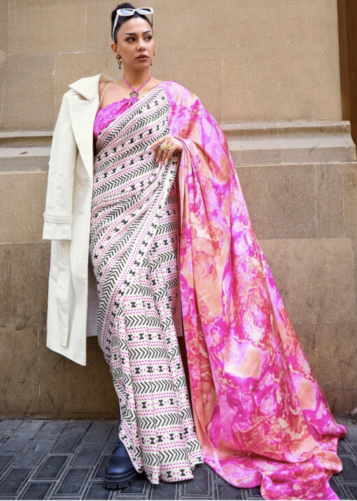 White & Pink Geometric Print Satin Saree