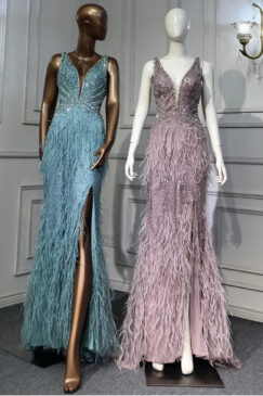 Beaded Plunge Neck Feathered Evening Dress