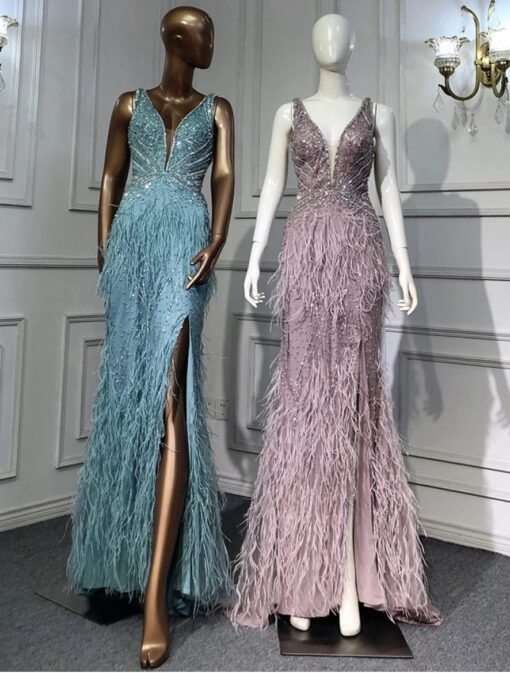 Beaded Plunge Neck Feathered Evening Dress