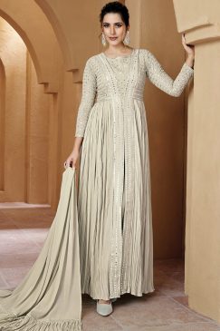 Cream Front Slit Georgette Pant Suit