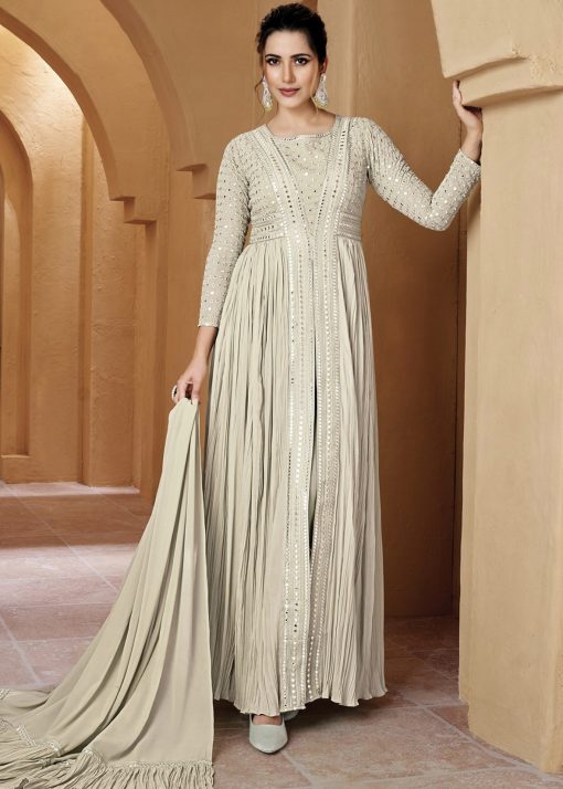 Cream Front Slit Georgette Pant Suit