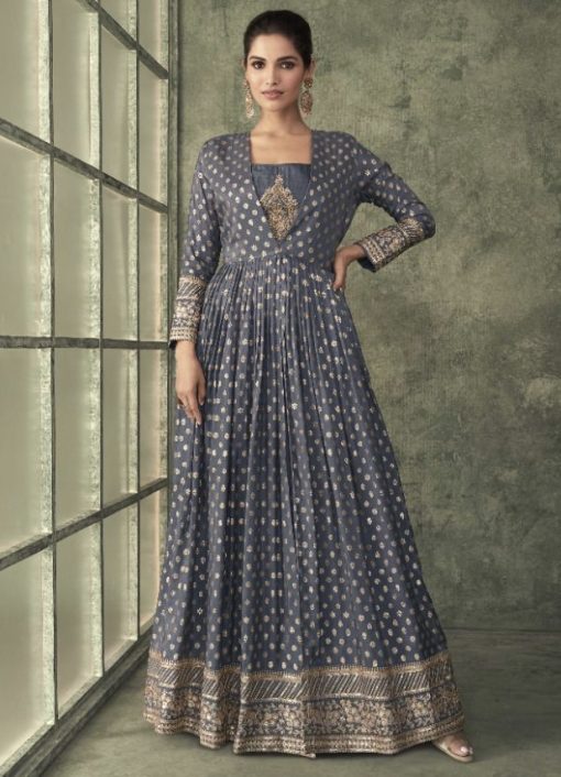 Grey Jacket Style Embroidered Anarkali Lehenga Suit