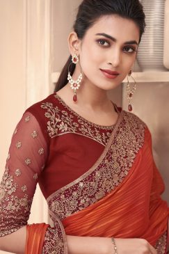 Alternative view of Shaded Orange Embroidered Border Party Wear Saree