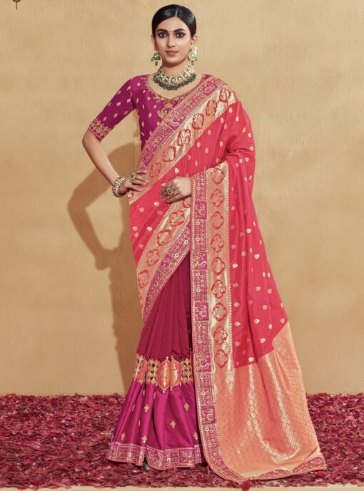 Pink Banarasi Silk Embroidered Wedding Saree