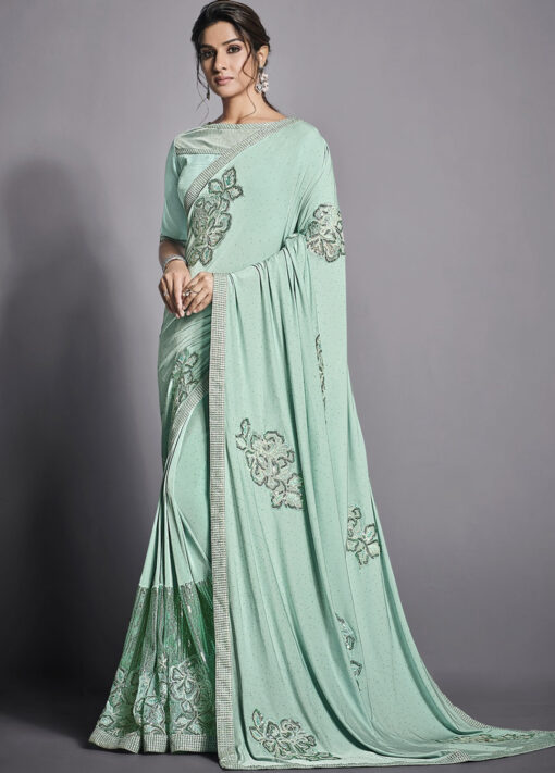 Mint Green Lycra Party Wear Saree