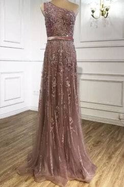 Pink One Shoulder Beaded Evening Gown Dress