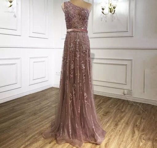Pink One Shoulder Beaded Evening Gown Dress