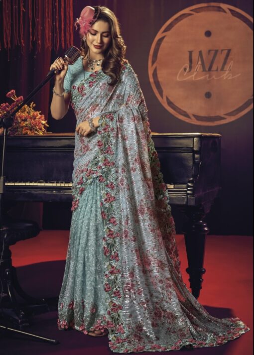 Blue Green Digital Net Bridal Saree
