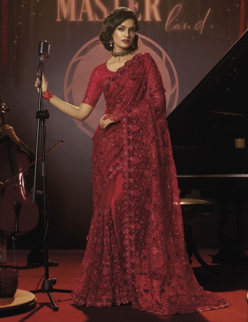 Red Digital Net Bridal Saree