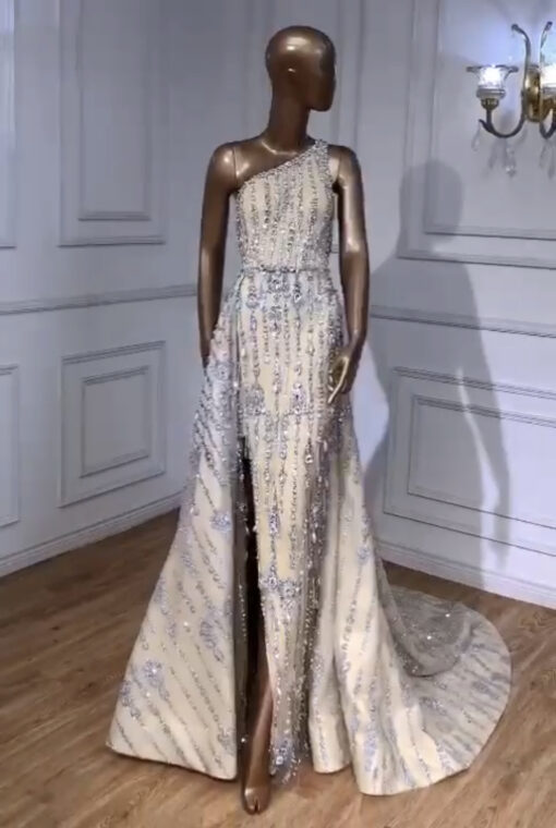 Backless Style Heavily Beaded Train Evening Dress