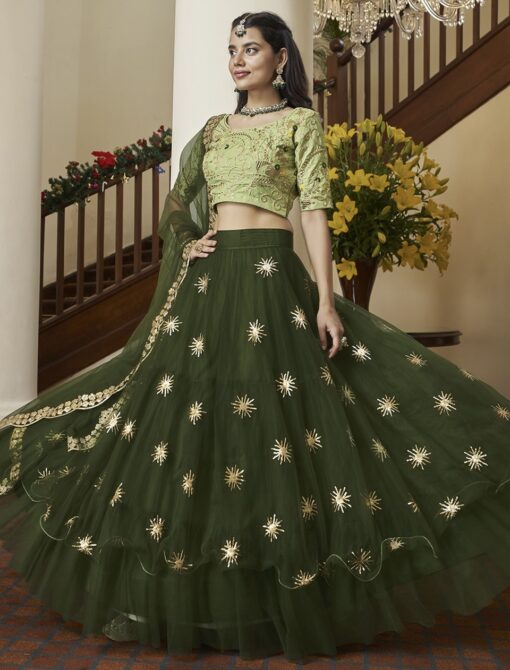 Green Embroidered Net Party Wear Lehenga Choli