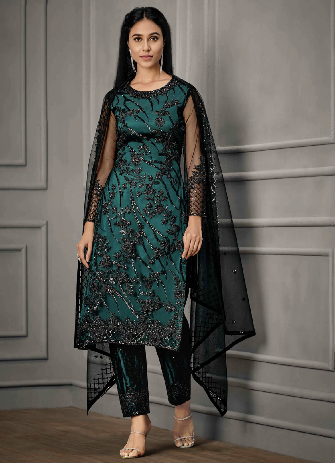 Teal Straight Cut Pant Suit Salwar Kameez Designer Collection
