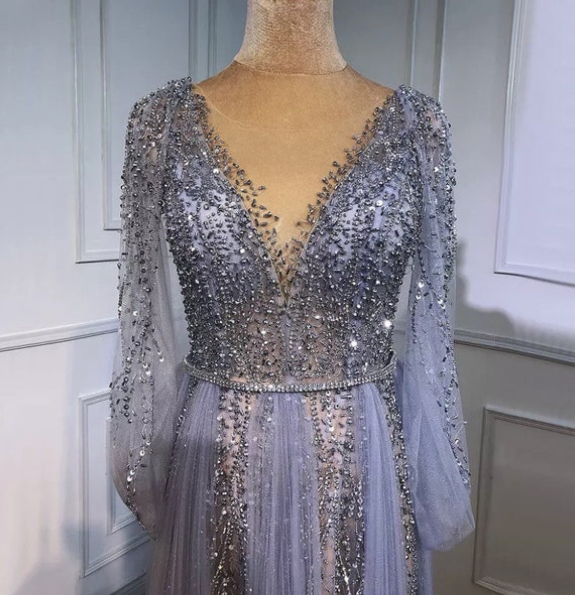 Grey Luxury A-Line Diamond Beaded Evening Dress - Evening Dresses, Made ...