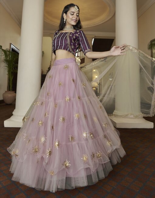 Traditional Party Wear Heavy Lehenga Choli Faded Purple Finest Crushed Silk Lehenga Choli