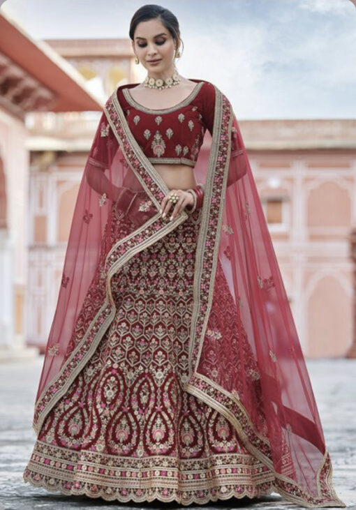 Maroon Velvet Bridal Lehenga Choli