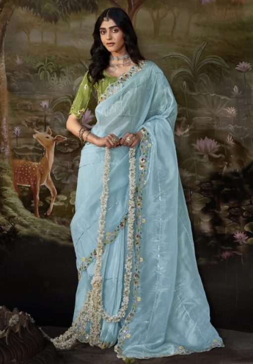 Blue Embroidered Wedding Saree