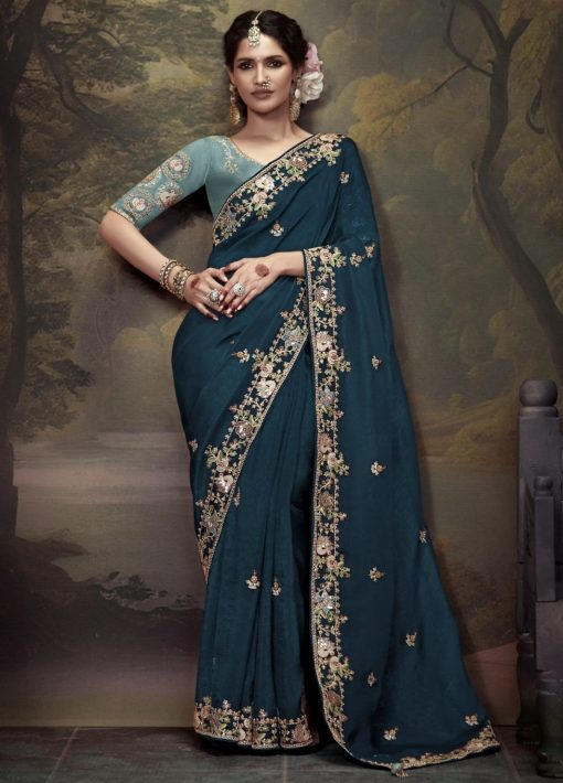 Teal Embroidered Wedding Saree
