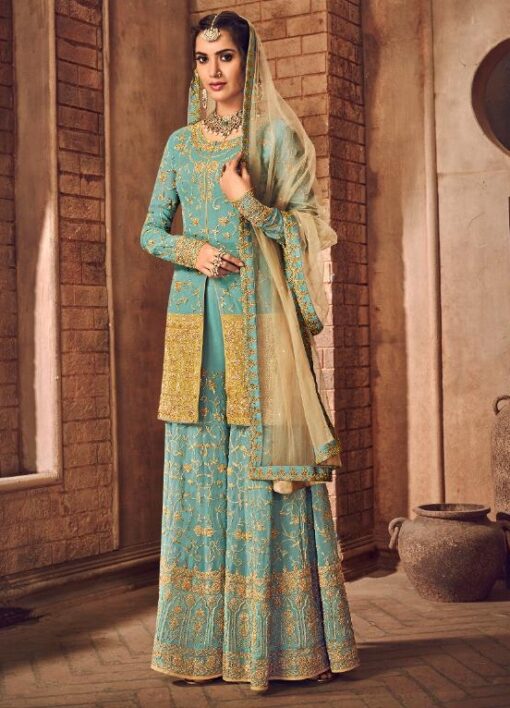 Turquoise Embroidered Palazzo Kameez Suit