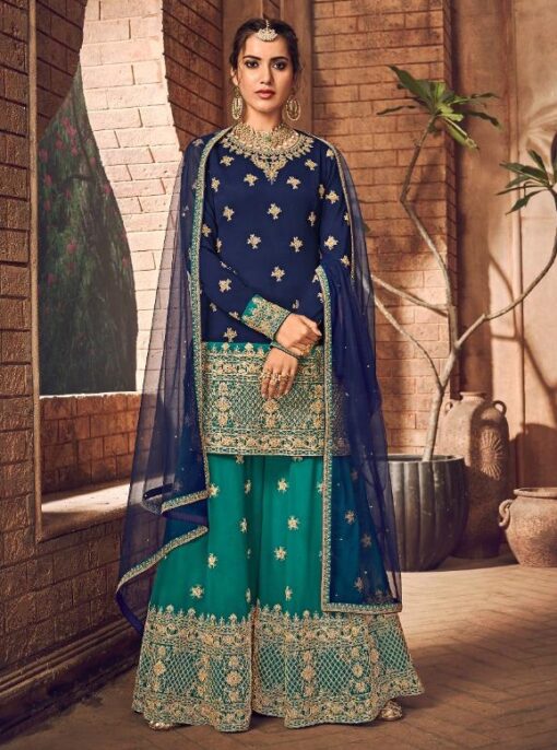 Blue Embroidered Sharara Suit