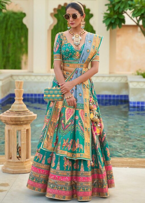 Turquoise Smooth Silk Woven Lehenga Choli
