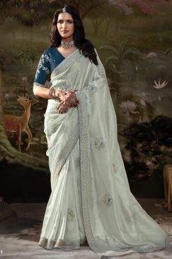 Pale Blue Embroidered Wedding Saree